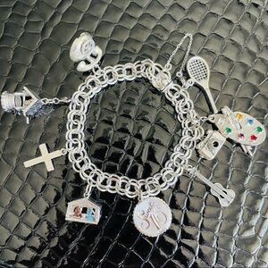 Sterling Silver Bracelet W/ 9 Charms by Danecraft, Monet, Wells SPORTS A…